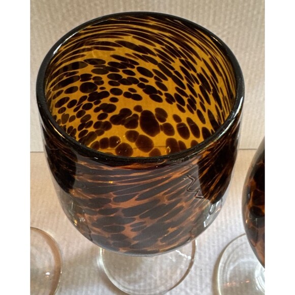 Tortoise Shell Water/Wine Glasses Hand Blown Set of 3 Amber Leopard Heavy 8.75” - Picture 3 of 5
